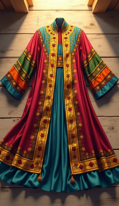 “An 8K manga anime-style image of Joseph’s iconic robe of many colors, displayed as the central focus. The robe is long and flowing, made of luxurious, shimmering fabric. It features vibrant panels of rich reds, royal blues, bright golds, and deep greens, ...