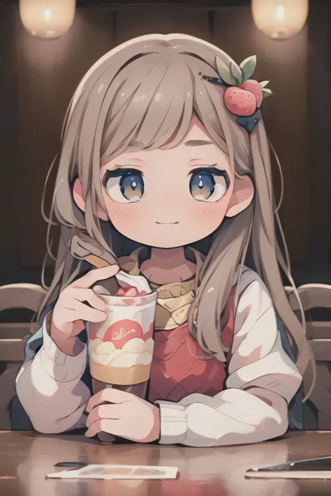 smiling girls with long hair, beautiful detailed eyes, beautiful detailed lips, extremely detailed face, long eyelashes, holding a cup of strawberry gelato, another girl next to her also holding a cup of strawberry gelato, strawberries in the gelato, straw...