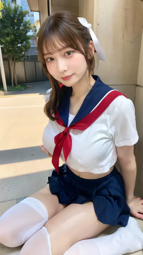     sailor suit  　   sailor suit 　Short sleeve　   red ribbon　 white 　  navy blue collar  　    schoolgirl　 Big Breasts 　School　    miniskirt　  big breasted  　 ceiling　feet　    sneakers　       pants　  white underwear　 feetを開く　    Knee High Socks 　    reachin...