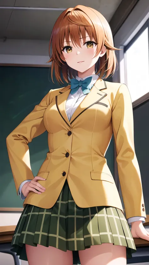 masterpiece, best quality, highres, aariko, short hair, brown eyes, school uniform, blue bowtie, blazer, yellow jacket, long sleeves, plaid skirt, green skirt, standing,hands on hip,cowboy shot, glossy lips, closed mouth, serious ,classroom ,from below