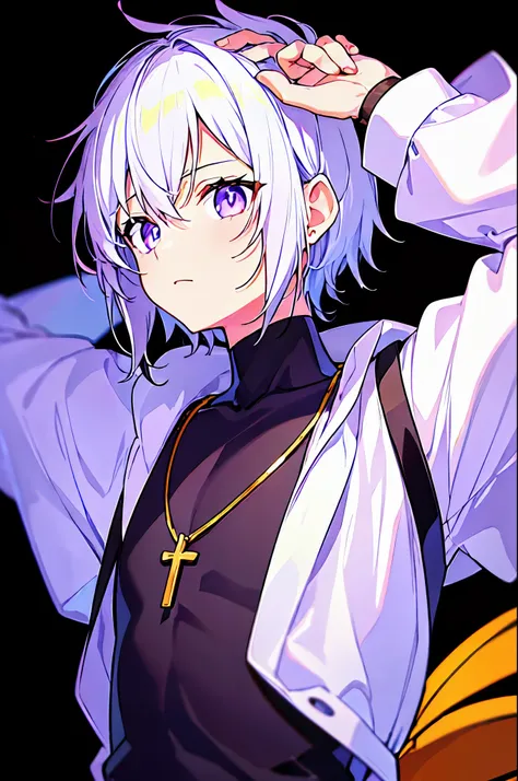 [(BLACK BACKGROUND:1.5)], ((((masterpiece)))), high quality, ((solo)), ((1 little younger boy)), ((men's white short hair)), (purple color eyes), upper body, civilian clothes white, Necklace of crosses, anime,