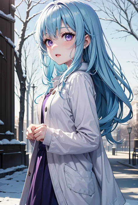 1girl, light blue hair, purple eyes, pale skin, casual clothes, winter, background park 