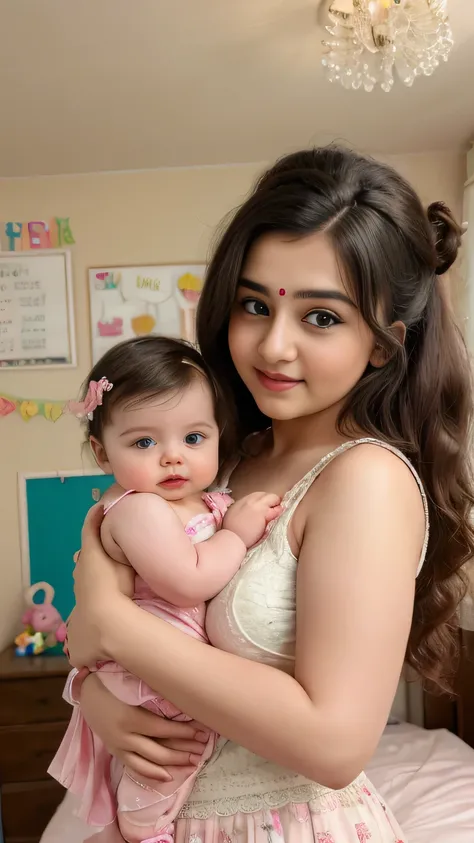Bedroom photo of 20yo in school school photo in school masterpiece, (photorealistic:1.4), best quality, beautiful lighting, skirt and tank top, Eleanor Indian girl with his cute little new born beautiful boy baby with cute pic 20yo Old Plus Size Model ...
