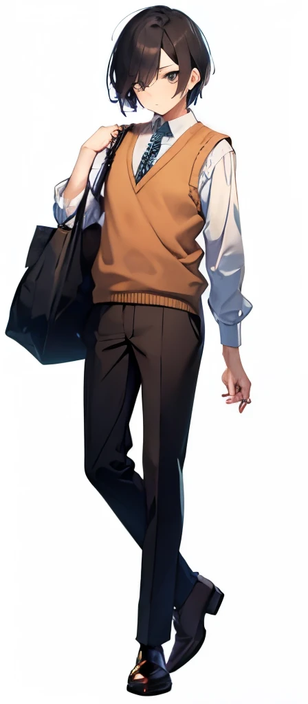 {best quality}, {{masterpiece}}, {highres}, illustration, solo, sharp focus, {{total body}}, full body, {{standing}}, {{toe}}, man, 1guy, 20 years old, black hair, black eyes, simple background, {{wearing brown sweater vest}}, brown shoes, {{holding a bag}...