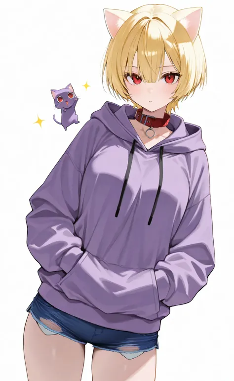 best quality、8k、 highres icon、 顔と胸のアップ、小さい胸、one girl、Alone、Blonde, short hair , short hair 、 small cat ears the same color as hair
BREAK
red eyes, red eyes
BREAK
Black collar , purple hoodie , hotpants, white background