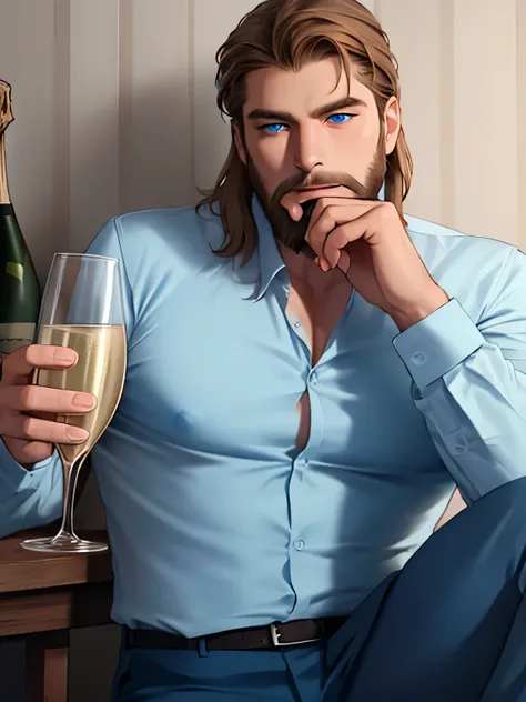 solo Lithuanian man, big body, sportsman, short brown straight hair and (blue eyes), long beard, wearing shirt and pants, drinking champagne