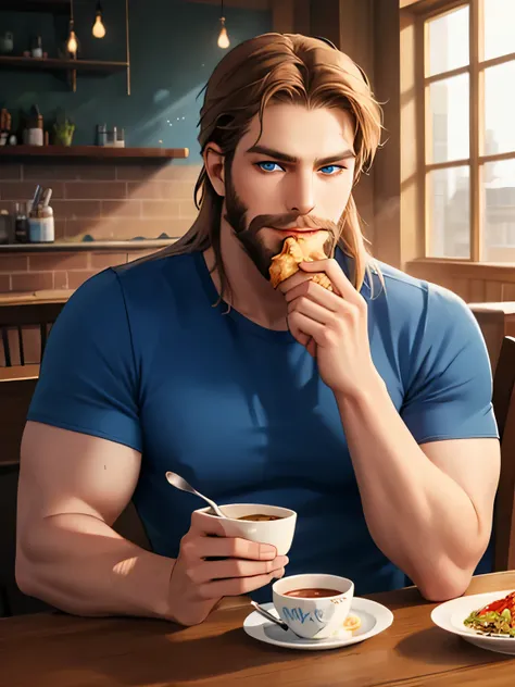 solo Lithuanian man, big body, sportsman, short brown straight hair and (blue eyes), long beard, wearing t-shirt and jeans, eating in the cafe, smirk