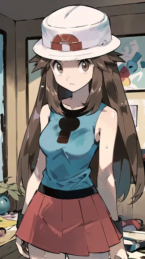 ((masterpiece,best quality)), { Sugimori_Ken_artstyle_LoRA(1.2( : Manga_Style } {horror_edit}  {horror_edit : creepy_room_aura} } {  :(pkmnleaf, 1girl, solo, brown eyes, brown hair, long hair, sidelocks, hat, white headwear , perfectly_shape_breast : perfe...