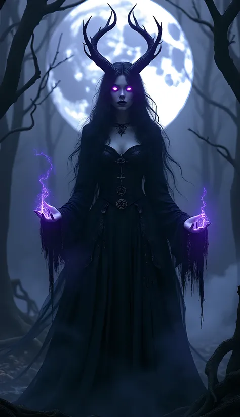 Create a dark, mystical scene of Hecate, the moon goddess fused with shadow, commanding necromantic powers. She stands in an eerie, moonlit realm cloaked in swirling darkness, her silhouette blending seamlessly with the shadows. Her glowing violet eyes pie...