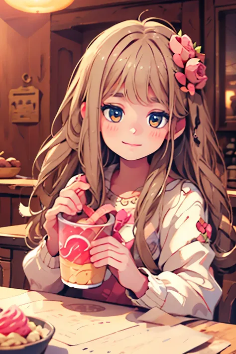 smiling girls with long hair, beautiful detailed eyes, beautiful detailed lips, extremely detailed face, long eyelashes, holding a cup of strawberry gelato, detailed ice cream texture, realistic, photorealistic, high quality, 8k, masterpiece, intricate det...