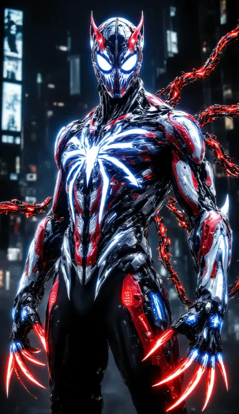 A Spider-Man-inspired superhero representing the USA, standing powerfully and facing the camera. The suit is a striking combination of red, white, and blue, with glowing mechanical stars and stripes subtly woven into the web patterns across the body. The c...