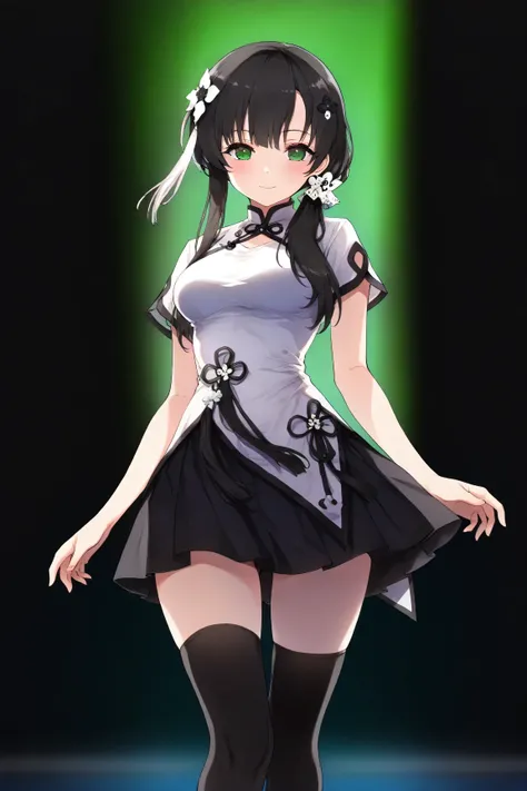 (ultra-detailed, master piece, best quality, high resolution, perfect face, perfect and correct human anatomy), 1girl, wang yujia, black hair, hair flower, green eyes, black skirt, light smile, black knee high socks, standing,
