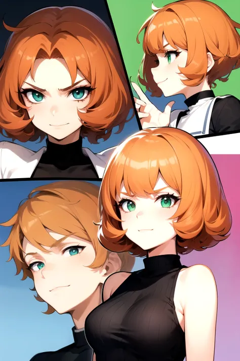 Anime girl with curly shaggy orange hair with an open forehead that is very short like a boy,  with big green eyes and open eyelashes , in a black turtleneck, poses for the camera, smiling broadly ,  frowning ,  crazy look .  hair back , men's hairstyle, s...