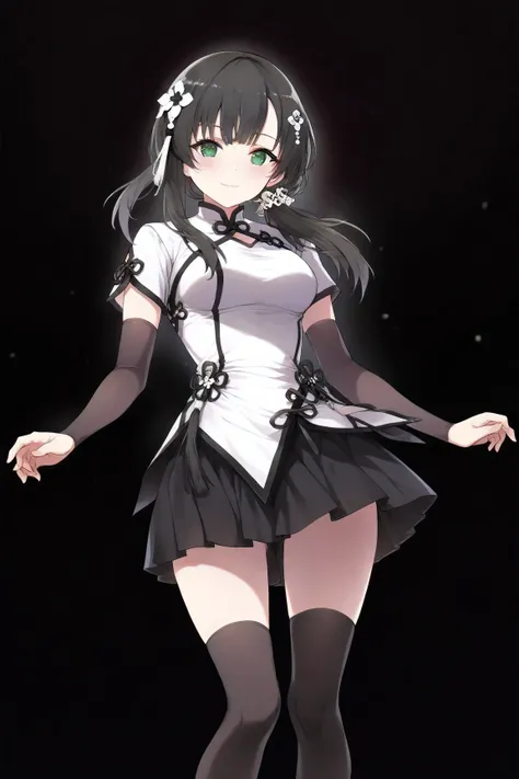 (ultra-detailed, master piece, best quality, high resolution, perfect face, perfect and correct human anatomy), 1girl, wang yujia, black hair, hair flower, green eyes, black skirt, light smile, black knee high socks, standing,