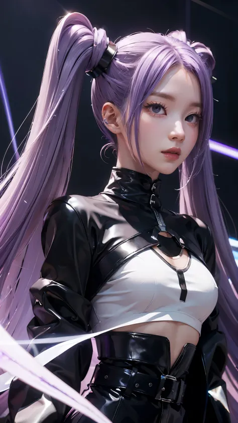 Best Quality, Ultra High Resolution, Cute, (KPOP Idol), (Long Twintail), (Light Purple Hair:1), ((Big Eyes)), Looking at you,
BREAK ((upper body:1.3)), Front View,A character with long, flowing silver hair and a slender build, wearing a black and white out...