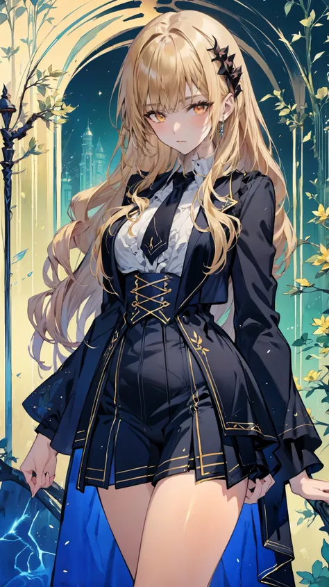 (((gothic))), tree々Woman standing on a street surrounded by 、 A fascinating scene , Decorate with hair accessories 、 The pose is medium length , wavy blonde hair ..。.。Super mini skirt with frills, 's expres...