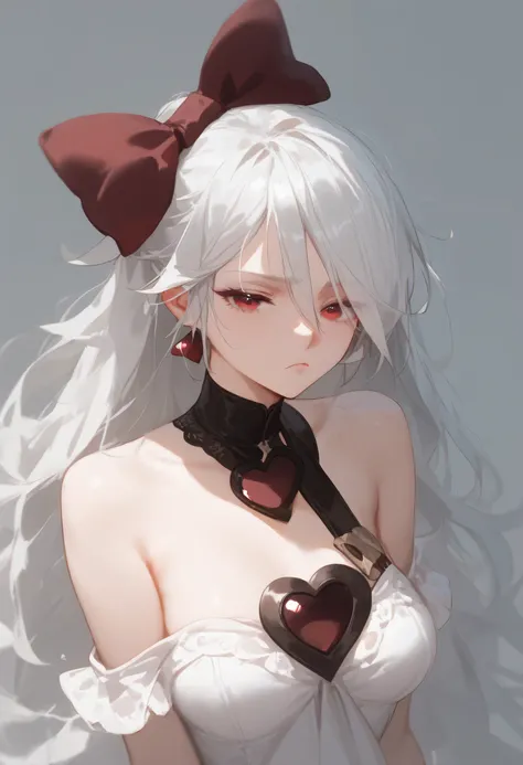 score_9, score_8_up, score_7_up, sinestrea, 1girl, white hair, bare shoulders, white dress, frown hair bow, long hair, heart brooch, medium breasts, hair bow, ribbon, red eyes,