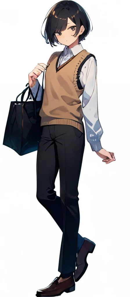 {best quality}, {{masterpiece}}, {highres}, illustration, solo, sharp focus, {{total body}}, full body, {{standing}}, {{toe}}, man, 1guy, 20 years old, black hair, black eyes, simple background, {{wearing brown sweater vest}}, brown shoes, {{holding a bag}...