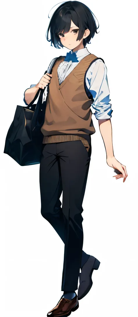 {best quality}, {{masterpiece}}, {highres}, illustration, solo, sharp focus, {{total body}}, full body, {{standing}}, {{toe}}, man, 1guy, 20 years old, black hair, black eyes, simple background, {{wearing brown sweater vest}}, brown shoes, {{holding a bag}...