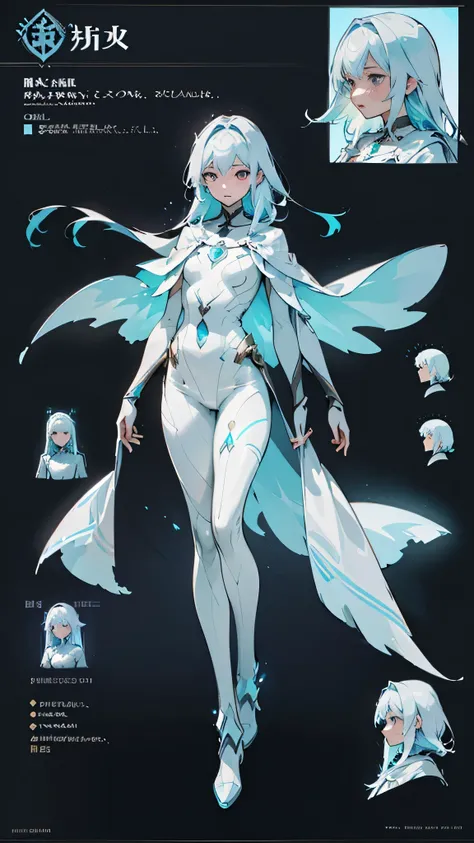 “ ((character sheet)) Full-body character design sheet of an elegant and otherworldly female character. The character has glowing silver-white long hair, flowing slightly past her waist, weightless and gently floating. Her multicolored eyes (shimmering vio...