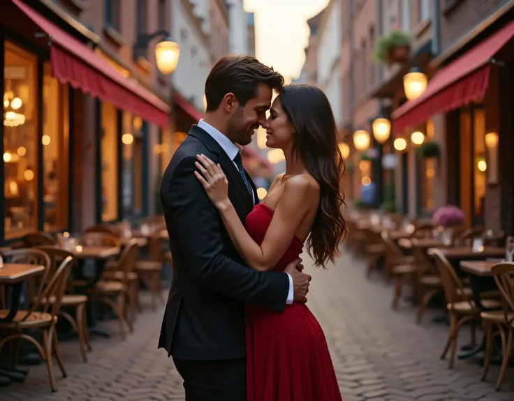 Couple vacationing on Valentine's Day in Bruges. Woman extremely sexy . Romantic atmosphere .