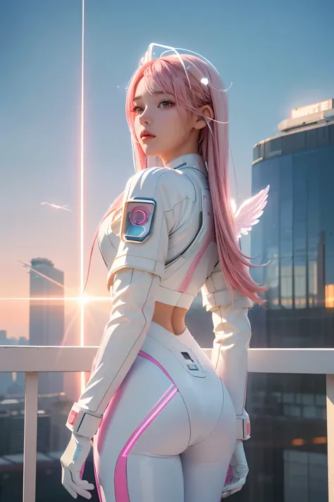 ((masterpiece, best quality, extremely detailed), volumetric lighting, ambient occlusion, colorful, glowing), 1girl, solo, young girl, (pink hair), long hair, halo, aura, sacred, godness, cyber suit, (white outfit:1.3), android, bot, angel wings, outdoors,...