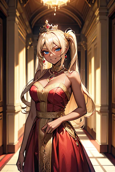 One person　Queen　young　Super beauty　crown　 twin tails　Blonde　 provocative smile 　blue eyes　( dark skin)　　((Queen's red gorgeous dress))　　　　　　　　　　　　　　　　　　　　　　　 indoor　 Luxurious Palace Corridor 　night　 cinematic lights 