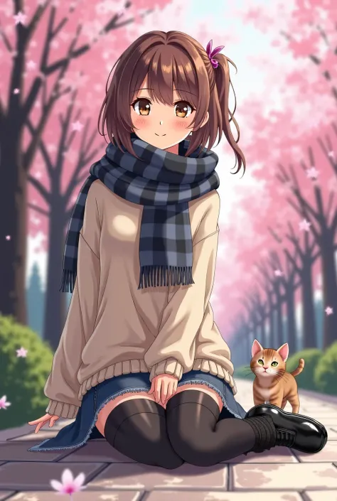 Do an anime girl with medium brown hair with a small ponytail and a light beige, loosely-knitted, oversized sweater with a ribbed hem and cuffs; a dark blue and grey plaid scarf, likely wool or a similar soft material; a dark wash denim mini skirt exhibiti...