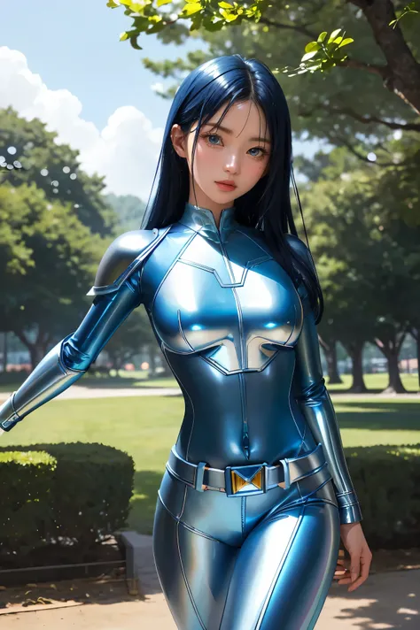 ((BlueRanger, PowerRangerMightyMorphin)), 1girl, A beautiful 20 years old Japanese girl, Angelic, cute face,
Beautiful detailed eyes, 
(Large eyes:1.3),long eyelashes,
see-through bangs,
(beautiful detailed face and eyes:1.4), 
Beautiful short dark hair, b...