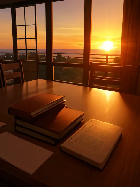 book on the table, sunrisem no people