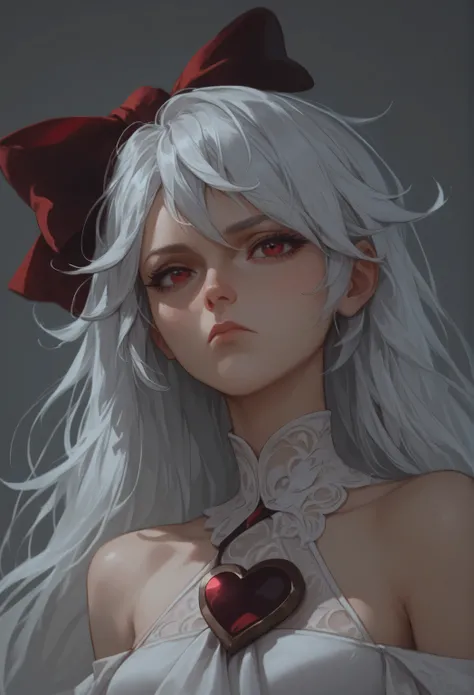 score_9, score_8_up, score_7_up, sinestrea, 1girl, white hair, bare shoulders, white dress, frown hair bow, long hair, heart brooch, medium breasts, hair bow, ribbon, red eyes,