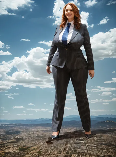 100 km tall giga giantic, curvy bbw woman with a beautiful smile, bigger than a giant city, curvaceous figure, massive beast, and long wavy bright ginger hair, with a curvaceous figure and massive breasts. wearing the finest light grey pinstripe trouser, w...