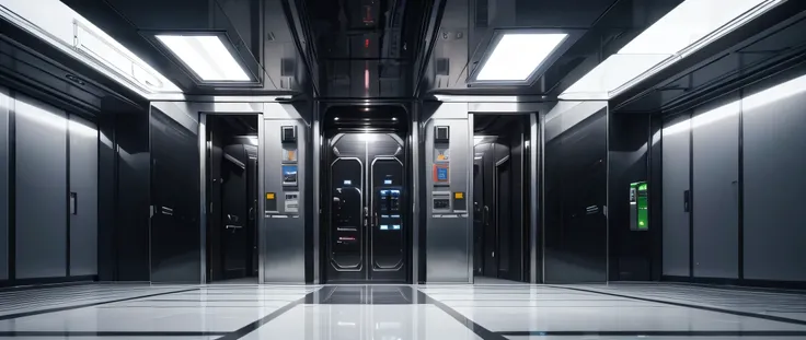  Best Quality,  masterpiece,  high resolution ,very good, Sci-fi style，Inside the base， There are four elevators in front，All open doors 