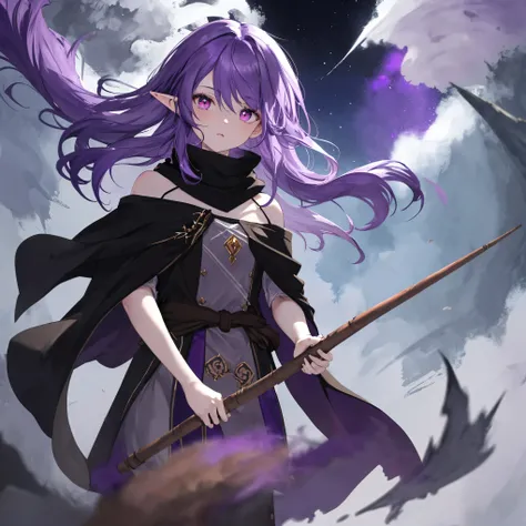 high quality, masterpiece, delicate hair, determined delicate eyes, ((masterpiece, best quality)), high quality, masterpiece, delicate hair, girl, (purple hair), ((red eyes)), long hair, elf ears, ((black broomstick with a long handle and a tuft of purple ...