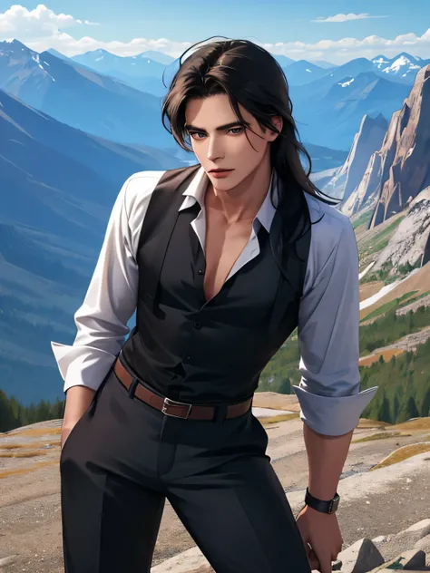 solo american male, long black hair and (brown eyes), wearing elegant shirt and pants, sexy posing in the mountain