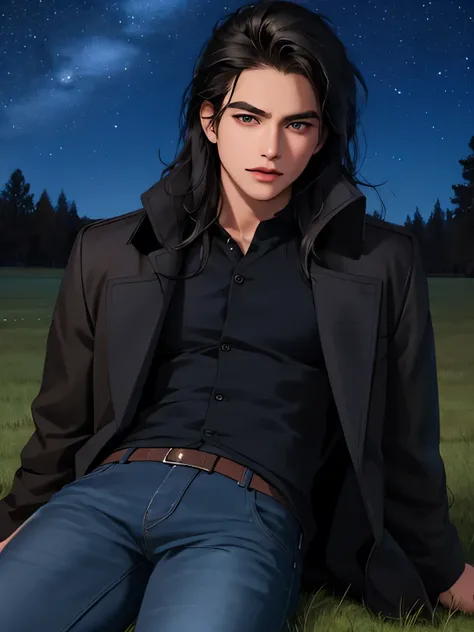 solo american male, long black hair and (brown eyes), wearing coat and jeans, lying on the grass and watching on the stars, night time