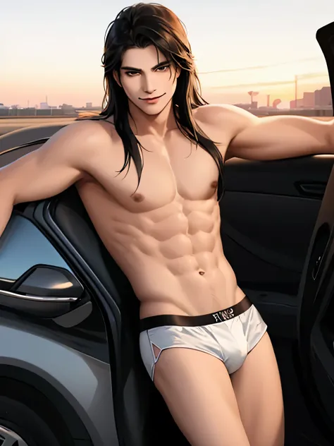 solo american male, long black hair and (brown eyes), wearing underwear, sexy posing on the car, smirk