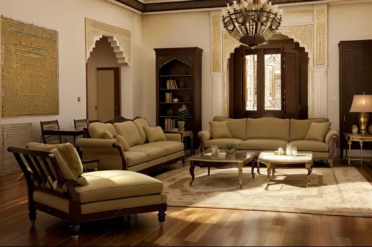 arafed living room with a couch, chairs, coffee table and lamp, islamic interior design, inspired by Riad Beyrouti, popular interior design style, orientalisme, arab inspired, elegant and ornate, elegant and extremely ornamental, ornate and elegant, furnit...