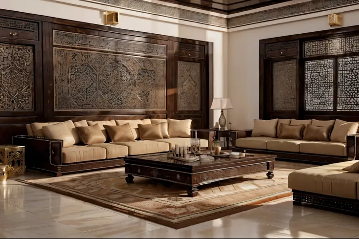 realistic details, Ultra real feel, Moroccan style living room interior design, furniture set, Moroccan floor, living room interior, interior design, Very accurate, big living room, warm light; Morocco