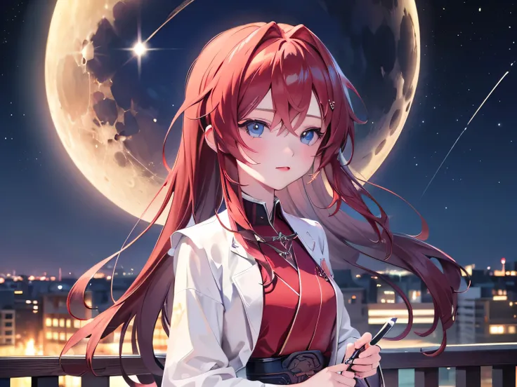 ((最 High Quality )), ((Masterpiece)), (  Details),  1 Girl,  8k resolution, Very Detailed,  High Quality ,  1 Girl,  beautiful Japanese woman,18 years old, ,  Detailed face,  one woman, terrace, Moon,  beautiful