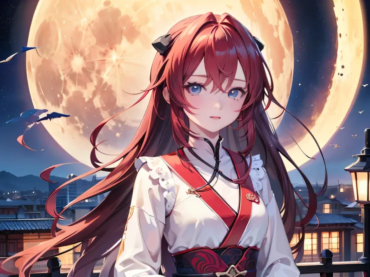 ((最 High Quality )), ((Masterpiece)), (  Details),  1 Girl,  8k resolution, Very Detailed,  High Quality ,  1 Girl,  beautiful Japanese woman,18 years old, ,  Detailed face,  one woman, terrace, Moon,  beautiful