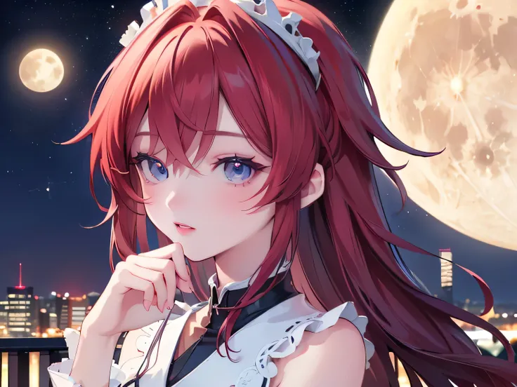 ((最 High Quality )), ((Masterpiece)), (  Details),  1 Girl,  8k resolution, Very Detailed,  High Quality ,  1 Girl,  beautiful Japanese woman,18 years old, ,  Detailed face,  one woman, terrace, Moon,  beautiful