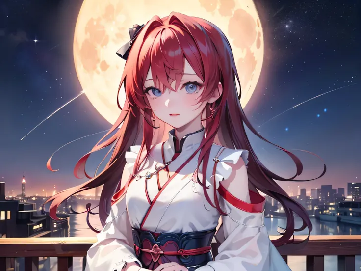 ((最 High Quality )), ((Masterpiece)), ( Details), 1 Girl, 8k resolution, Very Detailed, High Quality , 1 Girl, beautiful Japanese woman,18 years old, , Detailed face, one woman, terrace, Moon, beautiful