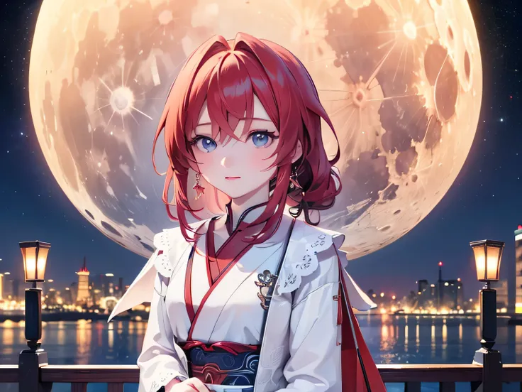 ((最 High Quality )), ((Masterpiece)), ( Details), 1 Girl, 8k resolution, Very Detailed, High Quality , 1 Girl, beautiful Japanese woman,18 years old, , Detailed face, one woman, terrace, Moon, beautiful