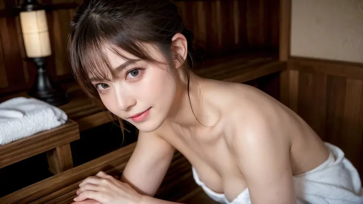 in a Japanese-like wooden changing room with beautiful grain all over, an elegant girl is undressing in the changing room, covering her body with a towel held in both hands, clothes she has taken off are folded and placed nearby, realistic texture, soft st...