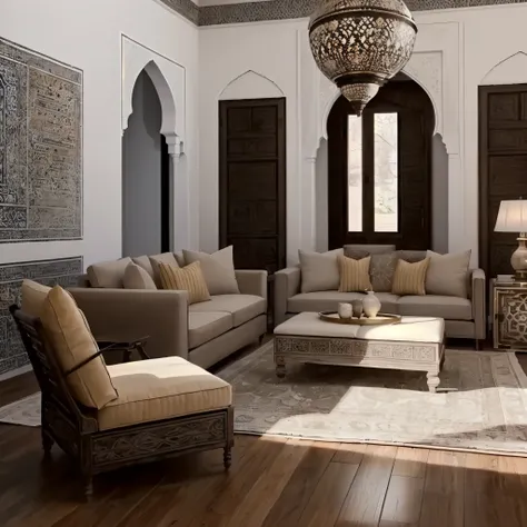 realistic details, Ultra real feel, Moroccan style living room interior design, furniture set, Moroccan floor, living room interior, interior design, Very accurate, big living room, warm light; Morocco