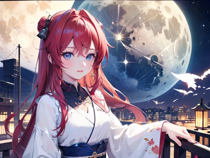 ((最 High Quality )), ((Masterpiece)), ( Details), 1 Girl, 8k resolution, Very Detailed, High Quality , 1 Girl, beautiful Japanese woman,18 years old, , Detailed face, one woman, terrace, Moon, beautiful