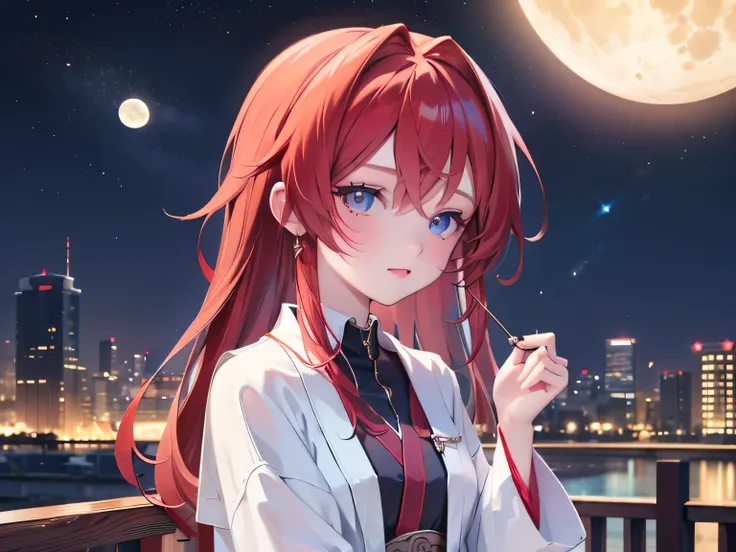 ((最 High Quality )), ((Masterpiece)), (  Details),  1 Girl,  8k resolution, Very Detailed,  High Quality ,  1 Girl,  beautiful Japanese woman,18 years old, ,  Detailed face,  one woman, terrace, Moon,  beautiful