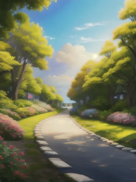 a painting of a pathway with flowers and trees on the side of it, a detailed painting by Aleksander Gine, pixiv, fantasy art, scenery artwork, beautiful anime scene, beautiful anime scenery, anime scenery, anime beautiful peace scene, beautiful and aesthet...