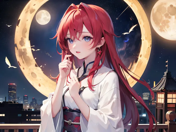 ((最 High Quality )), ((Masterpiece)), ( Details), 1 Girl, 8k resolution, Very Detailed, High Quality , 1 Girl, beautiful Japanese woman,18 years old, , Detailed face, one woman, terrace, Moon, beautiful
